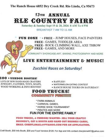 13th ANNUAL RLE COUNTRY FAIRE 9/19 & 9/20 VENDORS WANTED