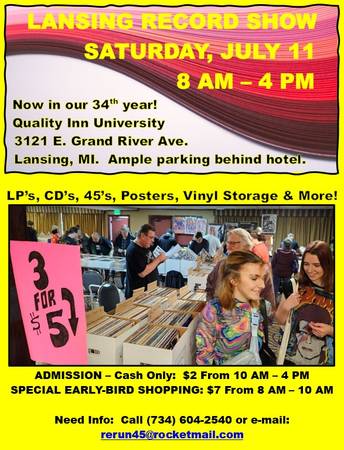 Lansing Record Show, Saturday, July 11, 2026, 8 AM - 4 PM (Lansing)