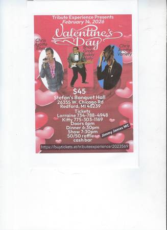 2/14: Valentine Day, Dinner & Music Tribute Show (Redford)