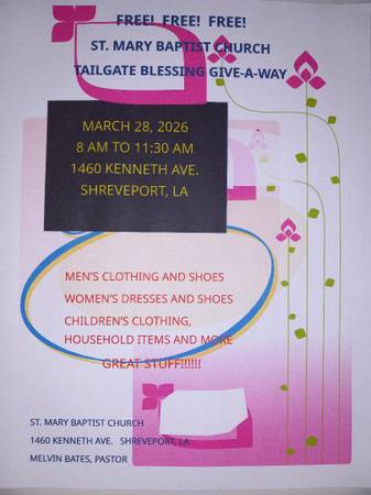 3/28: ST. MARY BAPTIST CHURCH TAILGATE BLESSING GIVE AWAY (SHREVEPORT)