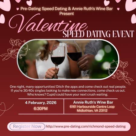2/4: Valentines 30s/40s SPEEED-DATING Event: Midlothian, Feb. 4th