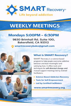 SMART Recovery Weekly Meetings (Mondays 5:00PM-6:30PM) (Bakersfield)